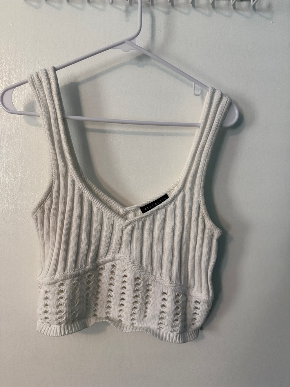 White Ribbed V-Neck Crochet Hem Cropped Tank Top